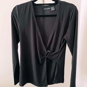 Tahari Black Long Sleeve Faux Wrap Top With  Silver Buckle Detail at Waist US L